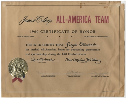 1960 Junior College All-America Team Certificate Presented To Roger Staubach By The Los Angeles Times